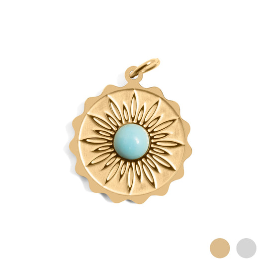 18K Gold PVD Stainless Steel Flower Turquoise Center Pendant / PDL0308