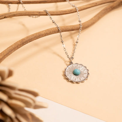 18K Gold PVD Stainless Steel Flower Turquoise Center Pendant / PDL0308