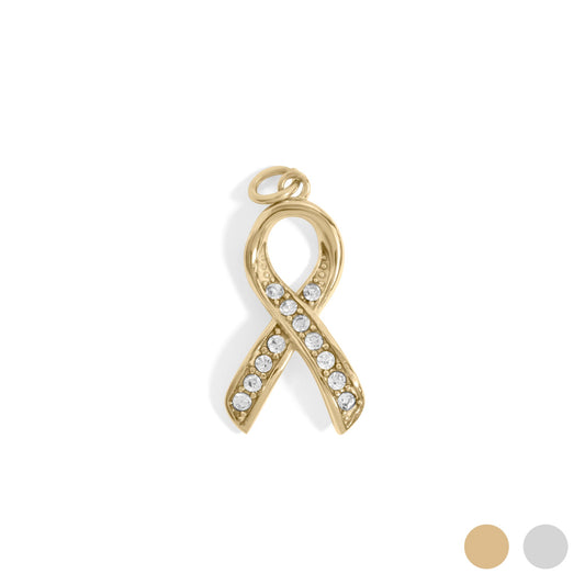 18K Gold PVD Stainless Steel Cancer Ribbon with Stones / PDL0317