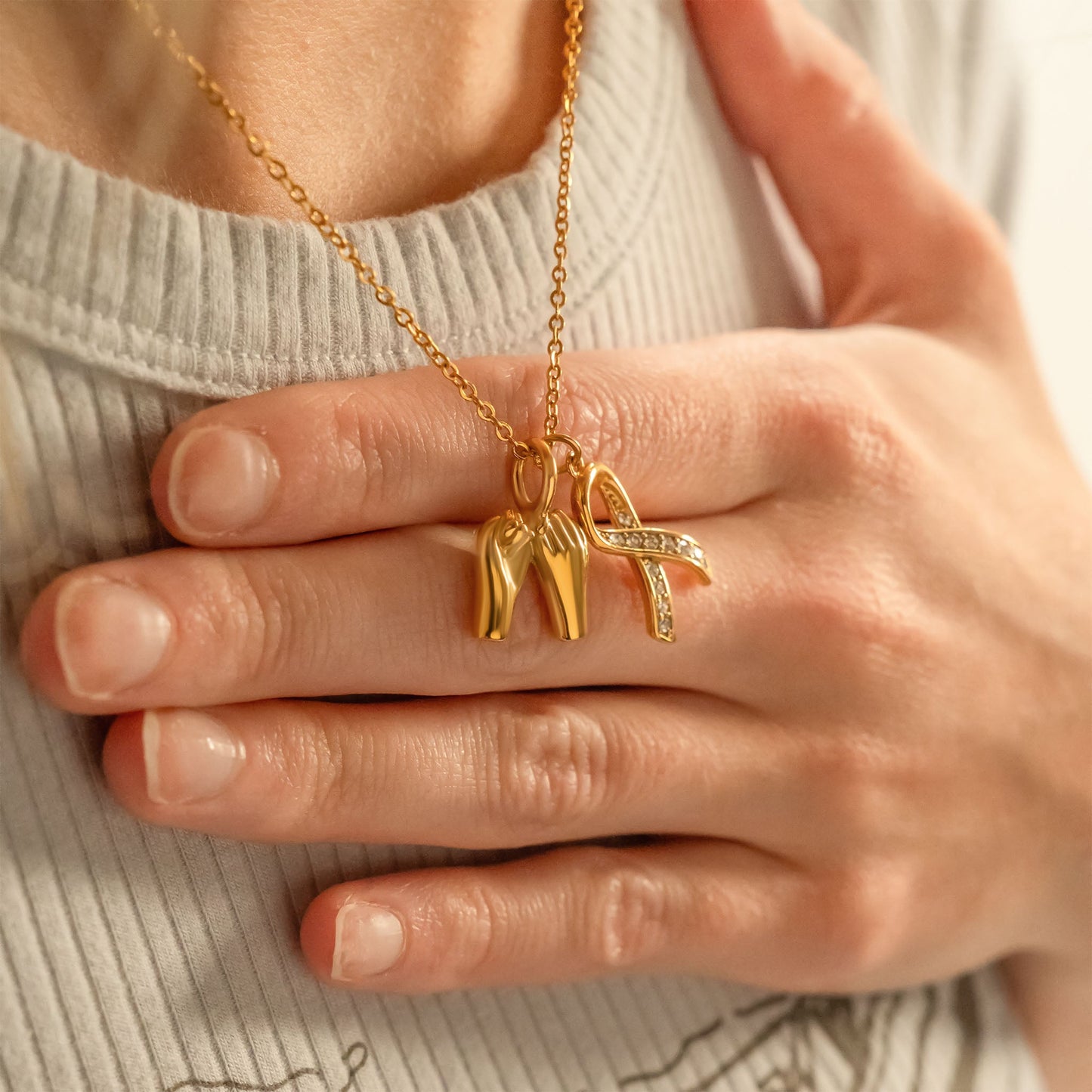 18K Gold PVD Stainless Steel Cancer Ribbon with Stones / PDL0317