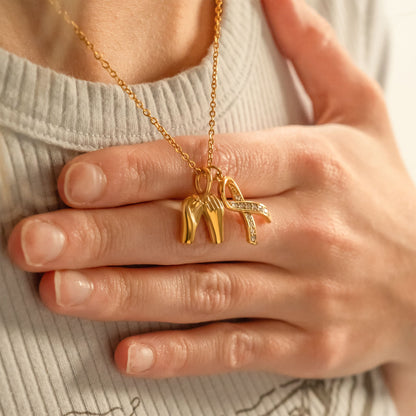 18K Gold PVD Stainless Steel Cancer Ribbon with Stones / PDL0317