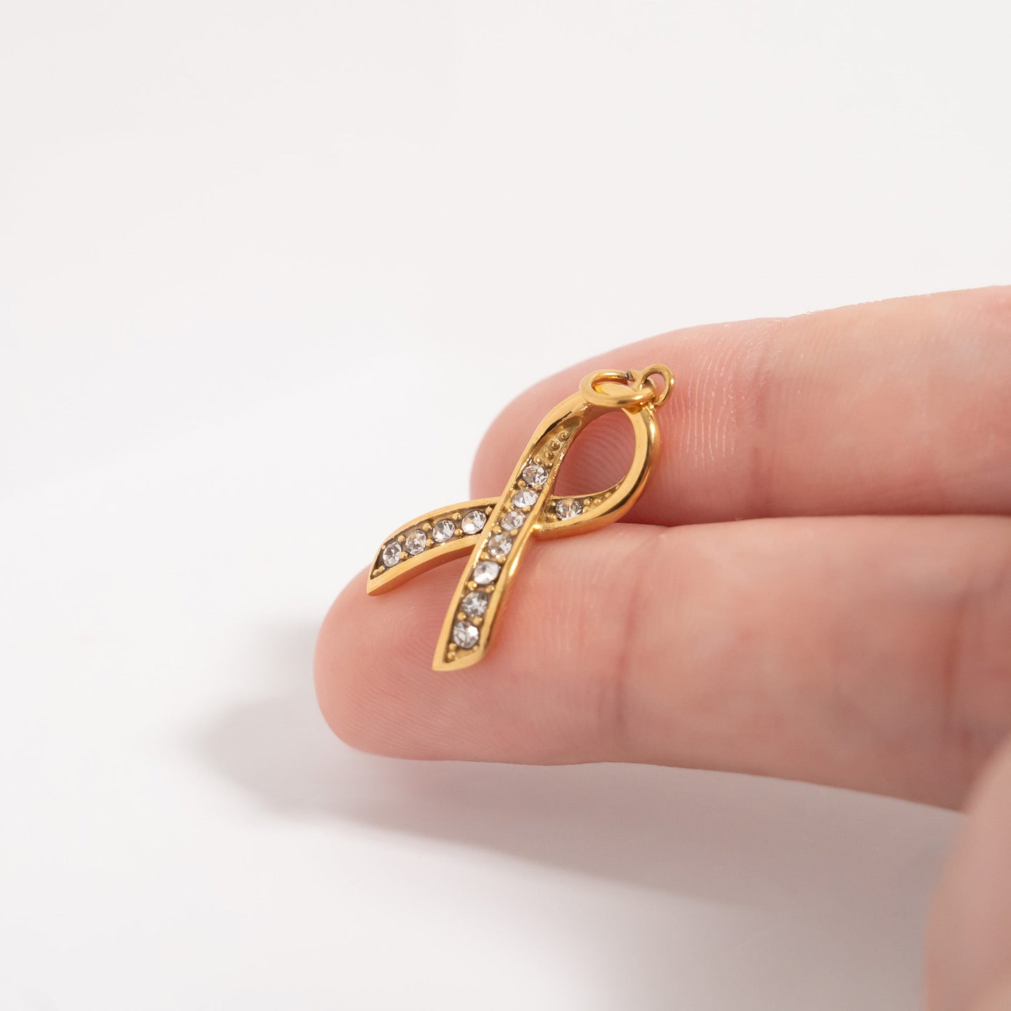 18K Gold PVD Stainless Steel Cancer Ribbon with Stones / PDL0317