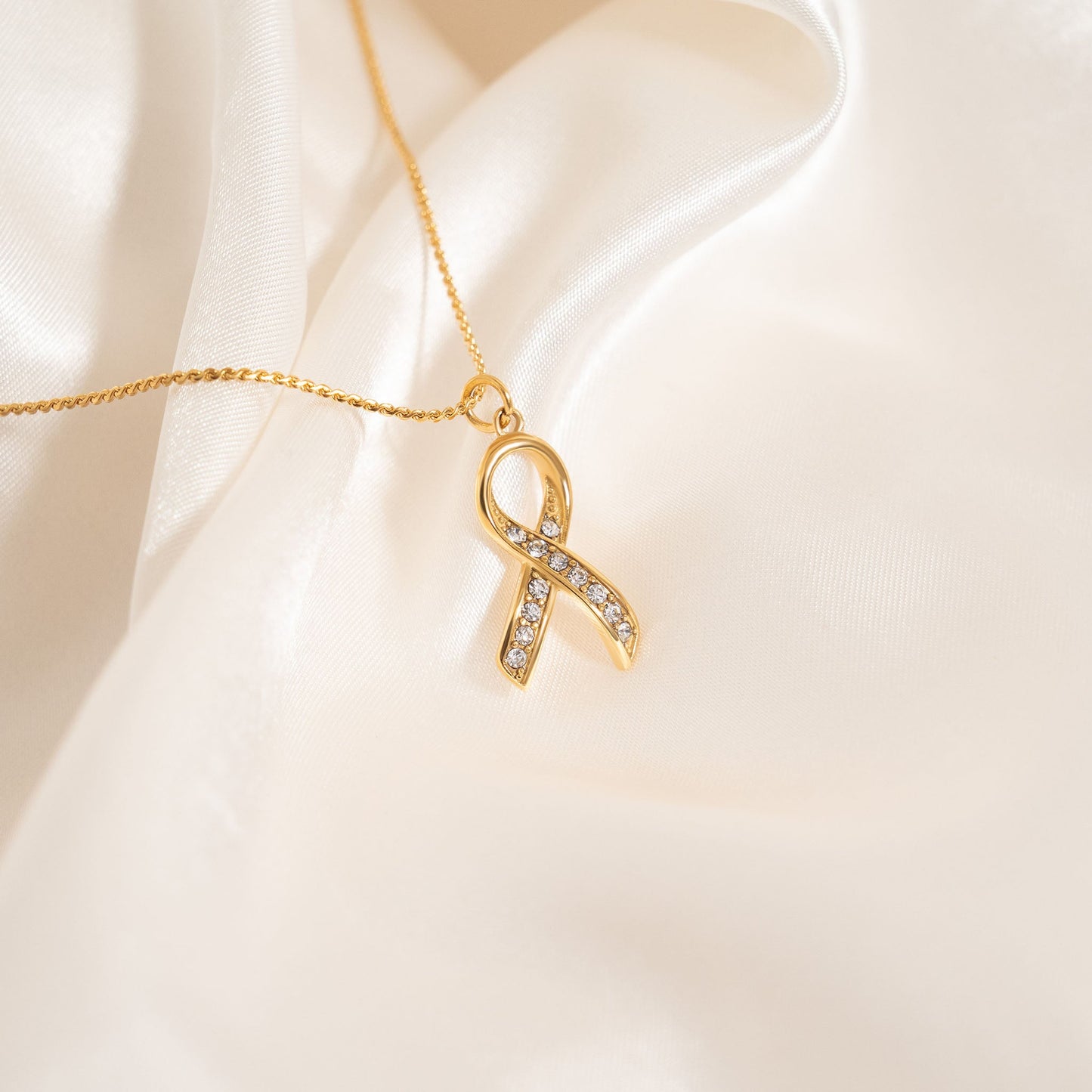 18K Gold PVD Stainless Steel Cancer Ribbon with Stones / PDL0317