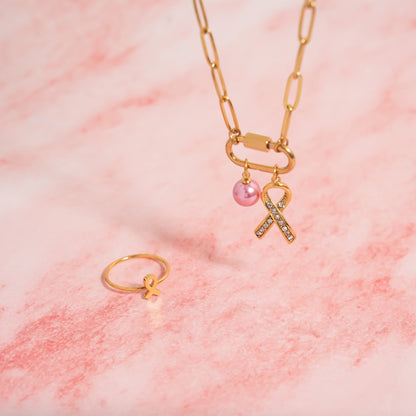 18K Gold PVD Stainless Steel Cancer Ribbon with Stones / PDL0317