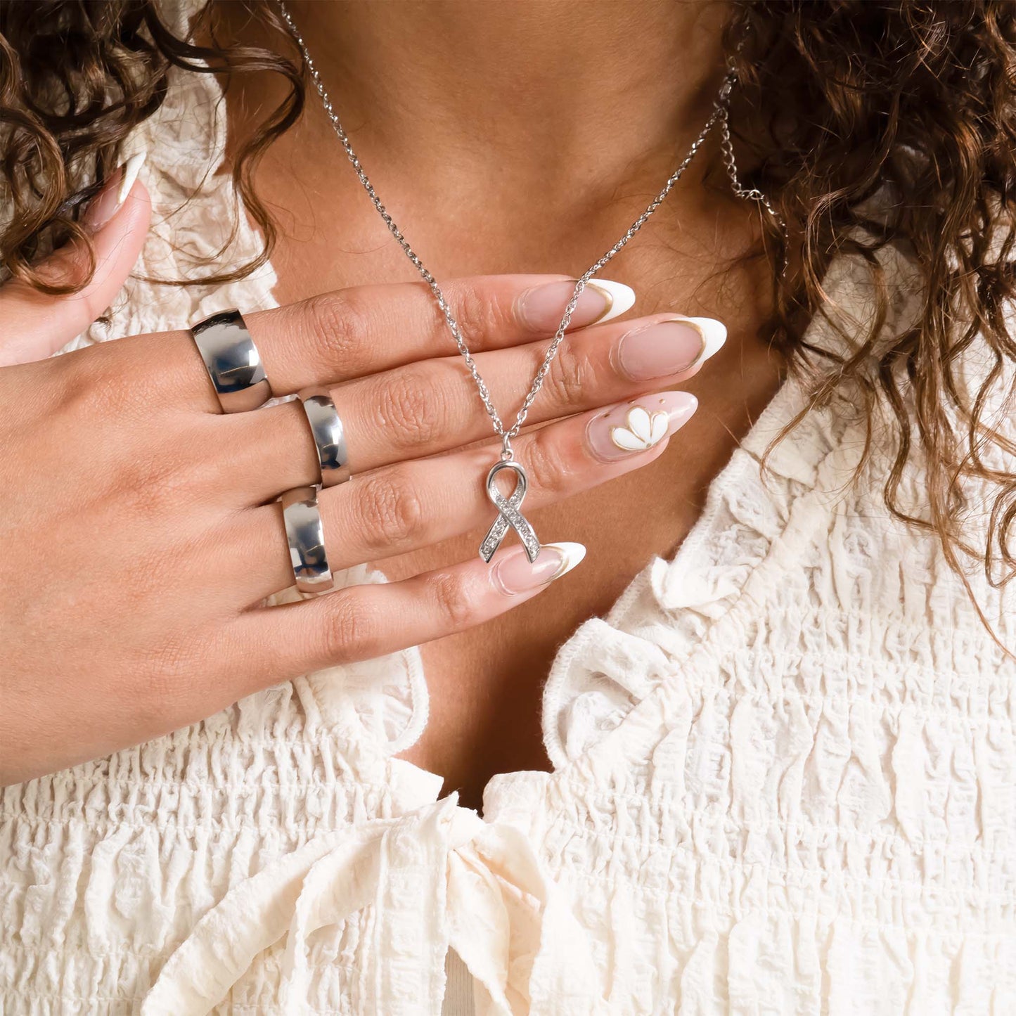 18K Gold PVD Stainless Steel Cancer Ribbon with Stones / PDL0317