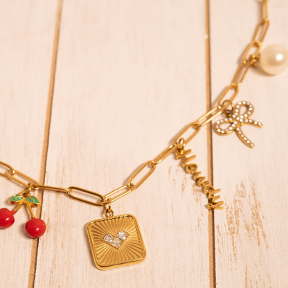 18K Gold PVD Stainless Steel Rhinestone Bow Charm / PDL0278