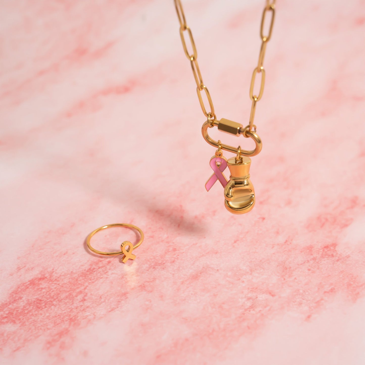 18K Gold PVD Stainless Steel Cancer Ribbon Charm / PDL0350