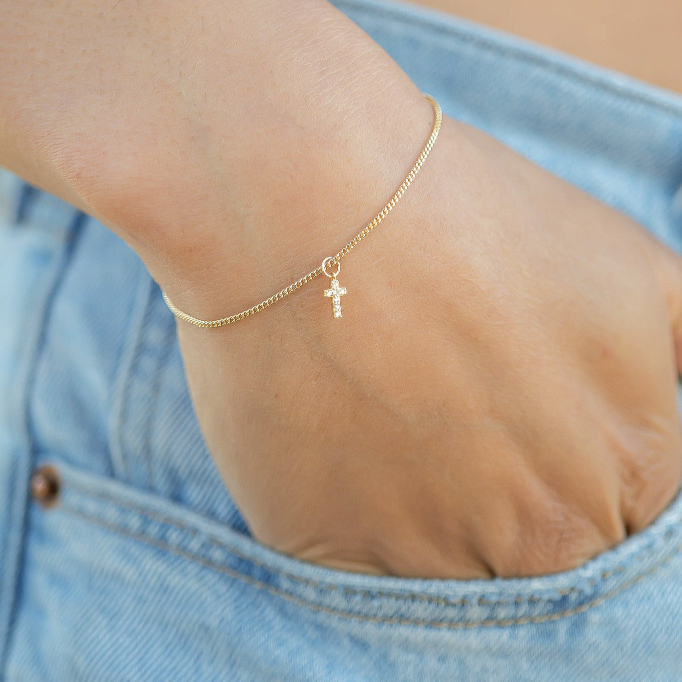 14K Solid Gold Diamond Cross Charm for Permanent Jewelry / PMJ1023