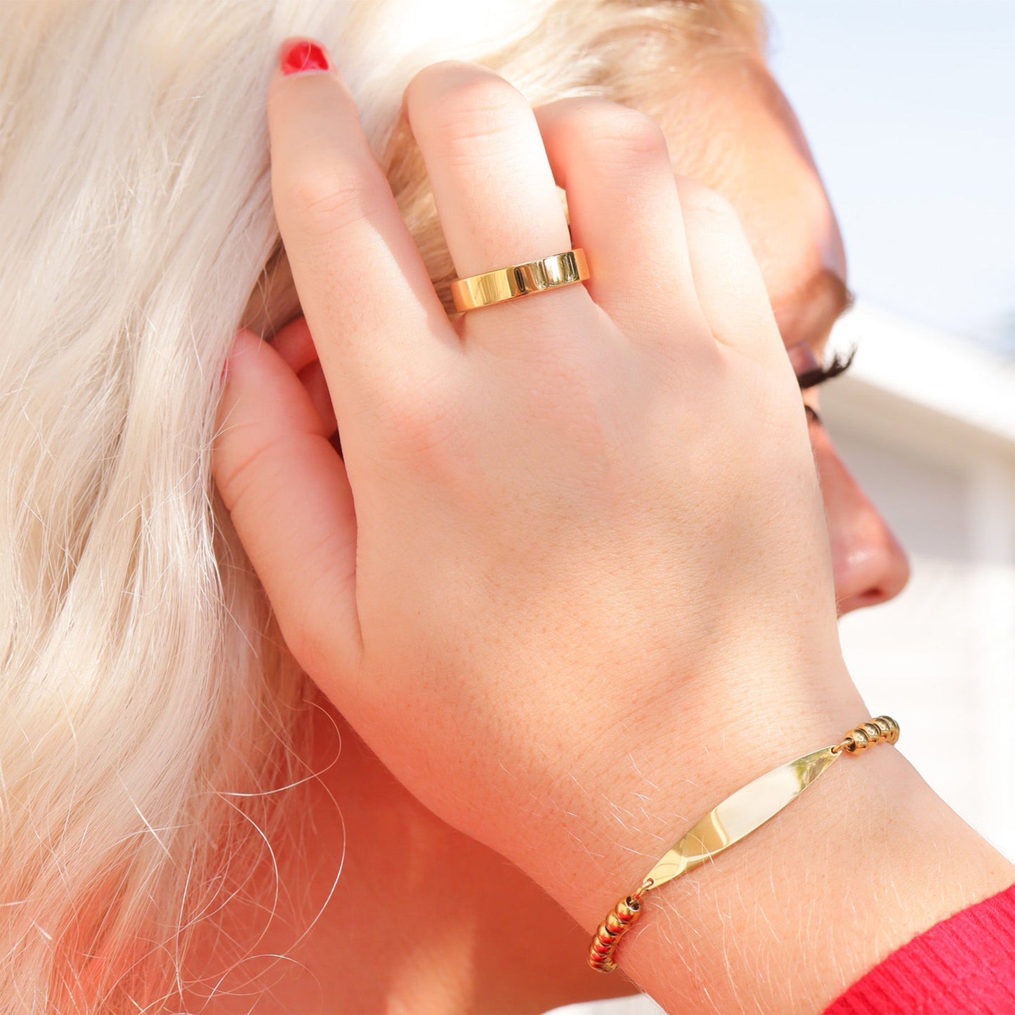 18K Gold PVD Stainless Steel Adjustable Beaded Curved Blank Bar Bracelet / SBB0272