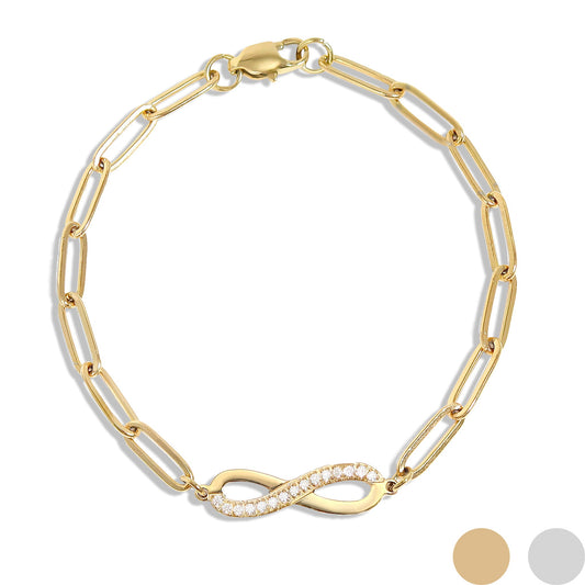 18K Gold PVD Stainless Steel Stone "Infinity" Paperclip Chain Bracelet / BRJ1007