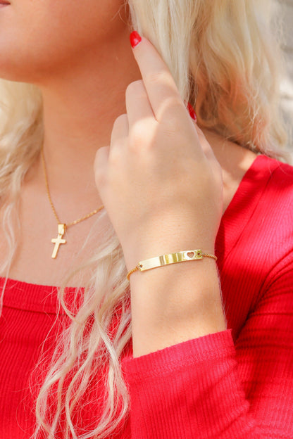 18K Gold PVD Stainless Steel Adjustable Curved Cutout Heart Blank Bar Bracelet / SBB0132