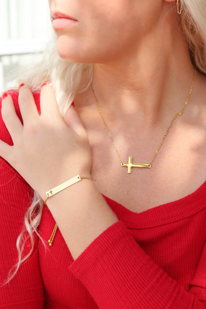 18K Gold PVD Stainless Steel Flat Adjustable Cross Cutout Blank Bar Bracelet / SBB0191