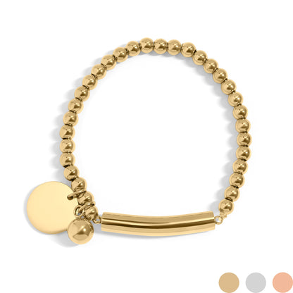 18K Gold PVD Stainless Steel Beaded Stretch Bracelet with Engravable Charm / SBB0271