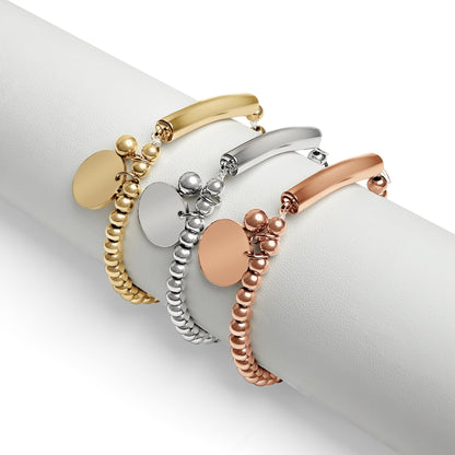 18K Gold PVD Stainless Steel Beaded Stretch Bracelet with Engravable Charm / SBB0271
