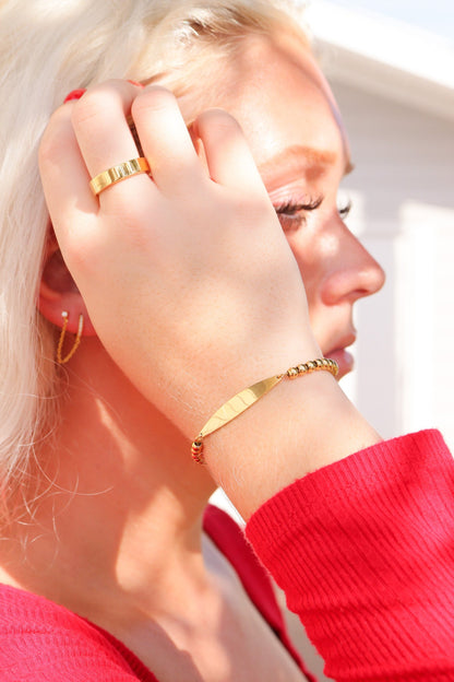 18K Gold PVD Stainless Steel Adjustable Beaded Curved Blank Bar Bracelet / SBB0272