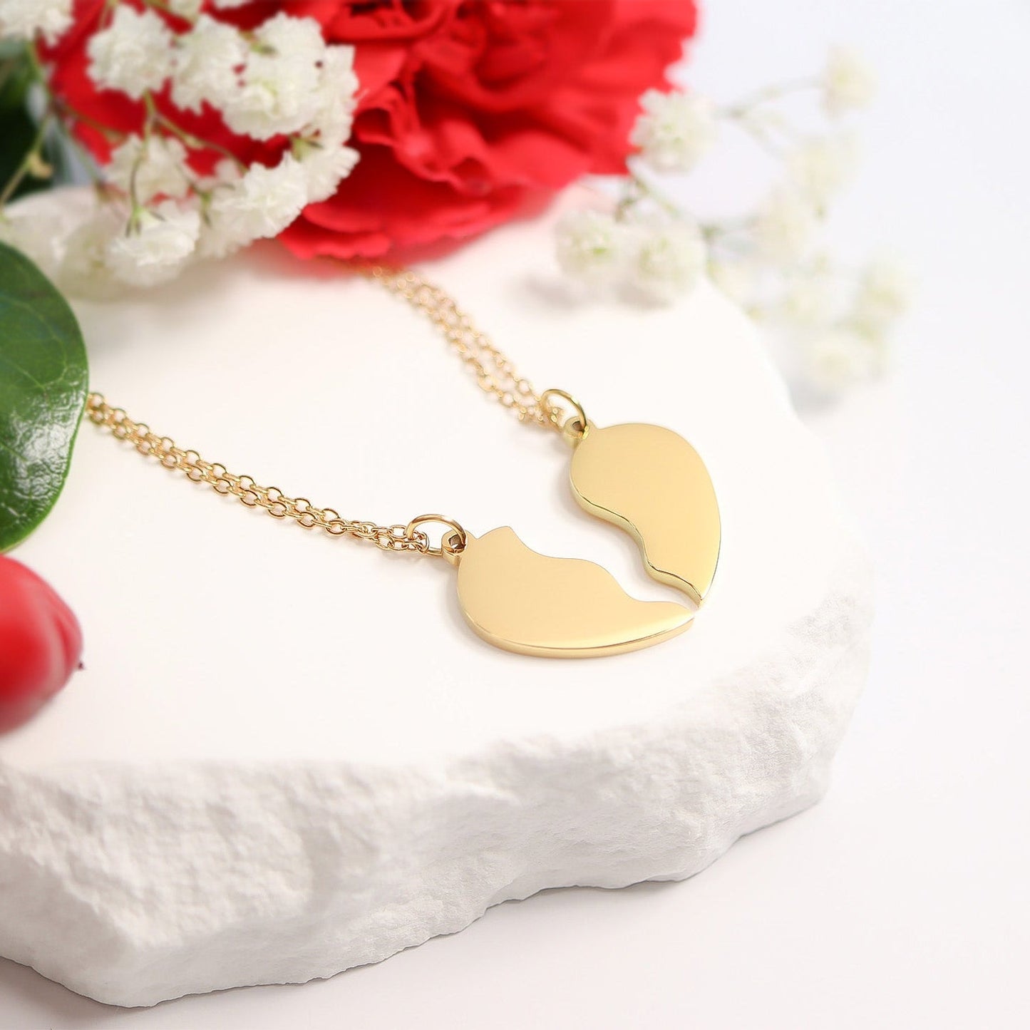 18K Gold PVD Stainless Steel Break Apart Engravable Blank Heart Necklace Set / SBB0282