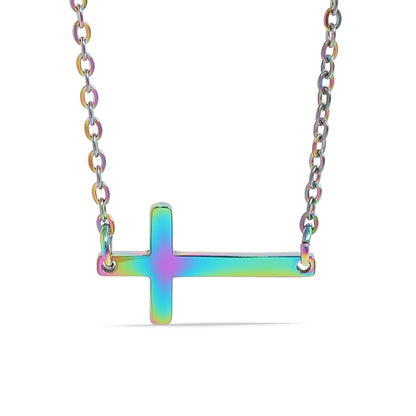 18K Gold PVD Stainless Steel Horizontal Blank Cross Necklace / SBB0285