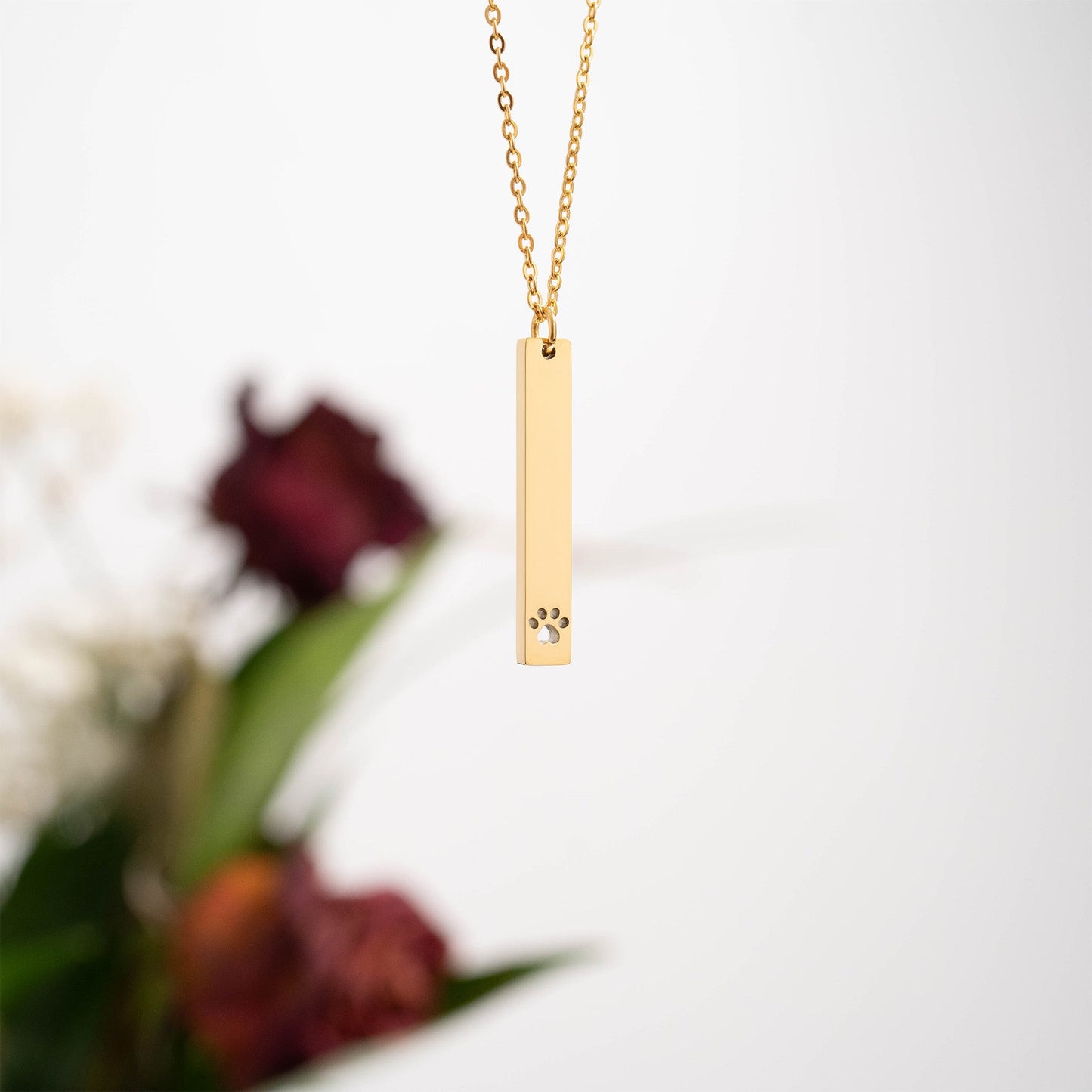 18K Gold PVD Stainless Steel Paw Print Cutout Vertical Blank Bar Necklace / SBB0300
