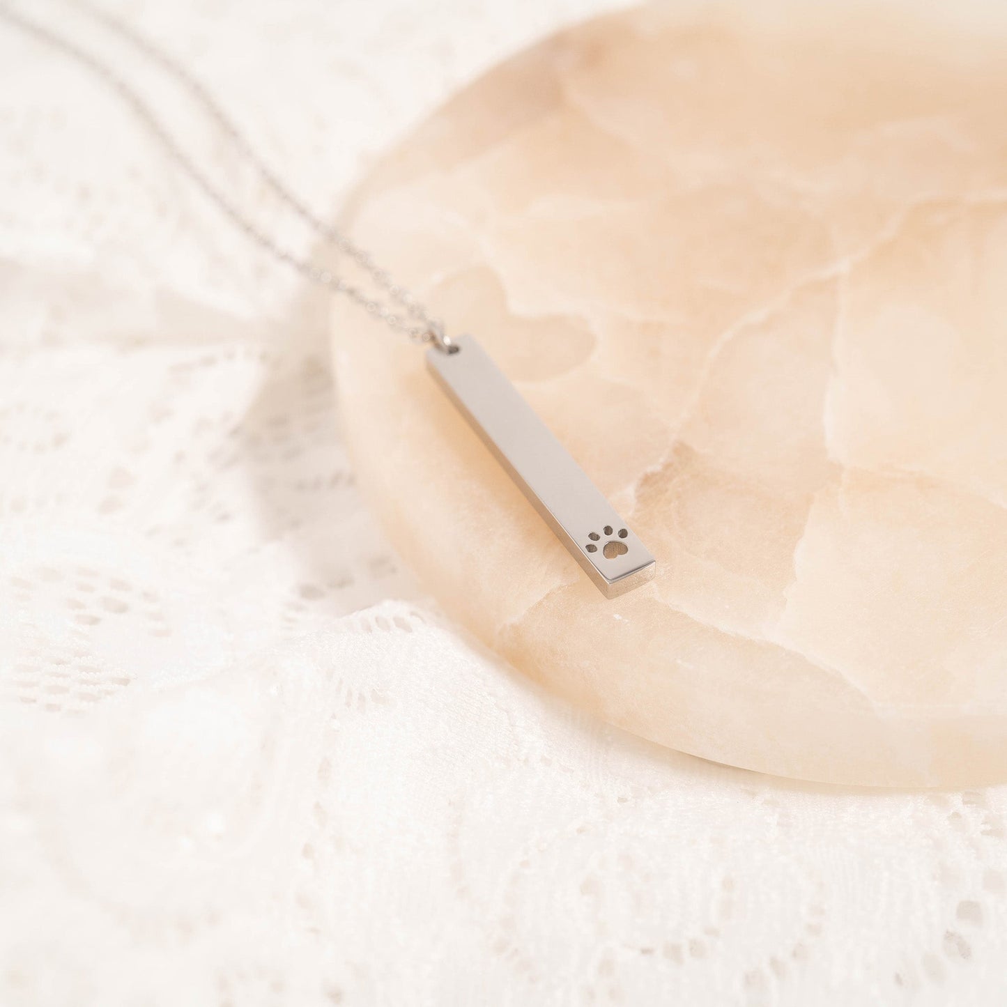 18K Gold PVD Stainless Steel Paw Print Cutout Vertical Blank Bar Necklace / SBB0300