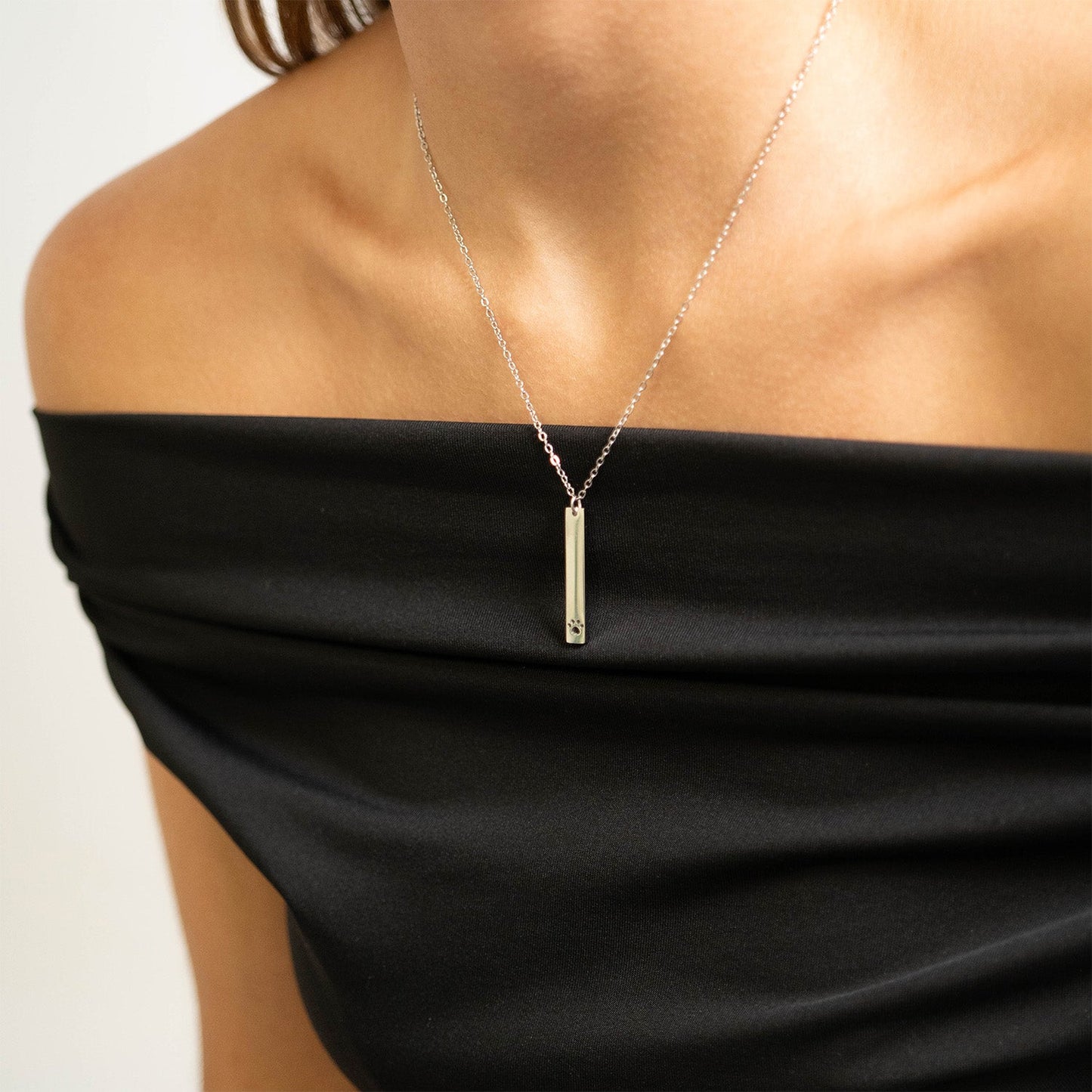 18K Gold PVD Stainless Steel Paw Print Cutout Vertical Blank Bar Necklace / SBB0300