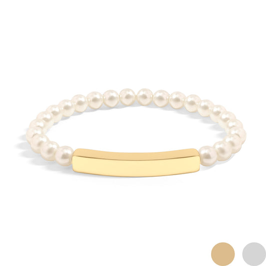 18K Gold PVD Stainless Steel Pearl Engravable Stretch Curved Bar Bracelet / SBB0321