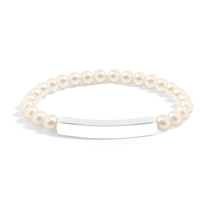 18K Gold PVD Stainless Steel Pearl Engravable Stretch Curved Bar Bracelet / SBB0321