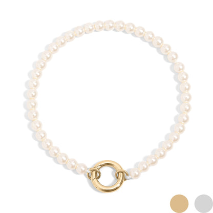 18K Gold PVD Stainless Steel Glass Pearl Charm Keeper Bracelet / SBB0337