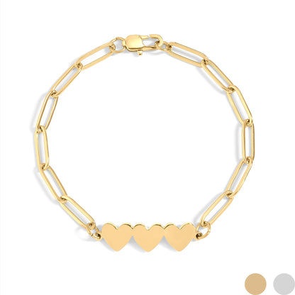 Stainless Steel Engravable 3 Heart Paperclip Bracelet / SBB0352