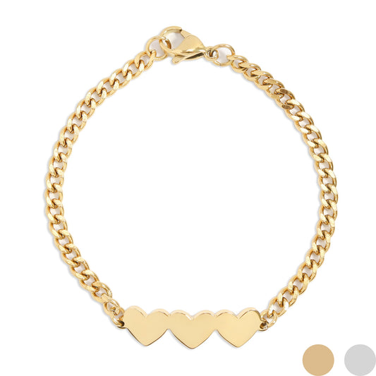 18K Gold PVD Stainless Steel Engravable 3 Hearts on Curb Chain Bracelet / SBB0367