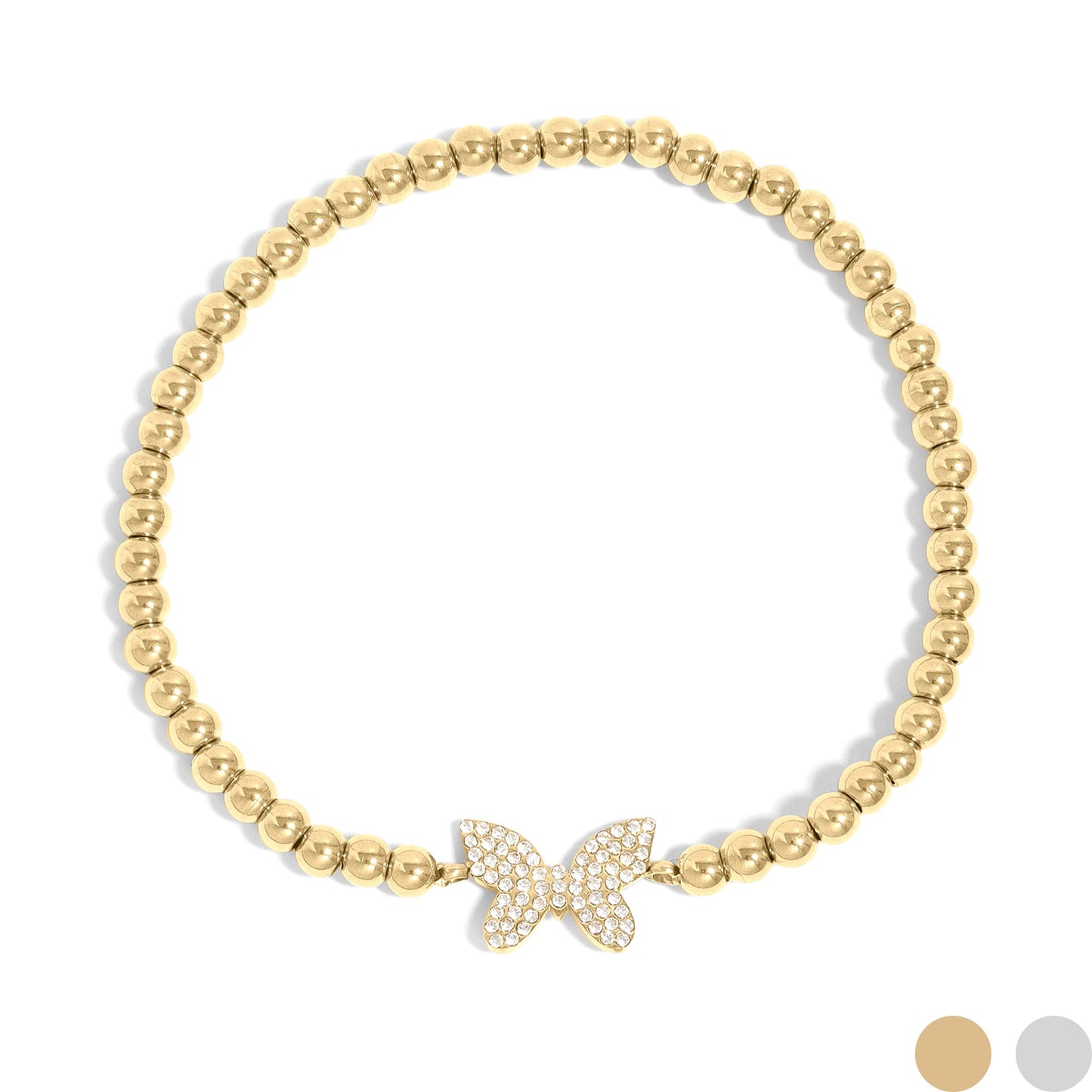 18K Gold PVD Stainless Steel Stone Butterfly Metal Beaded Stretch Bracelet / BRJ1021