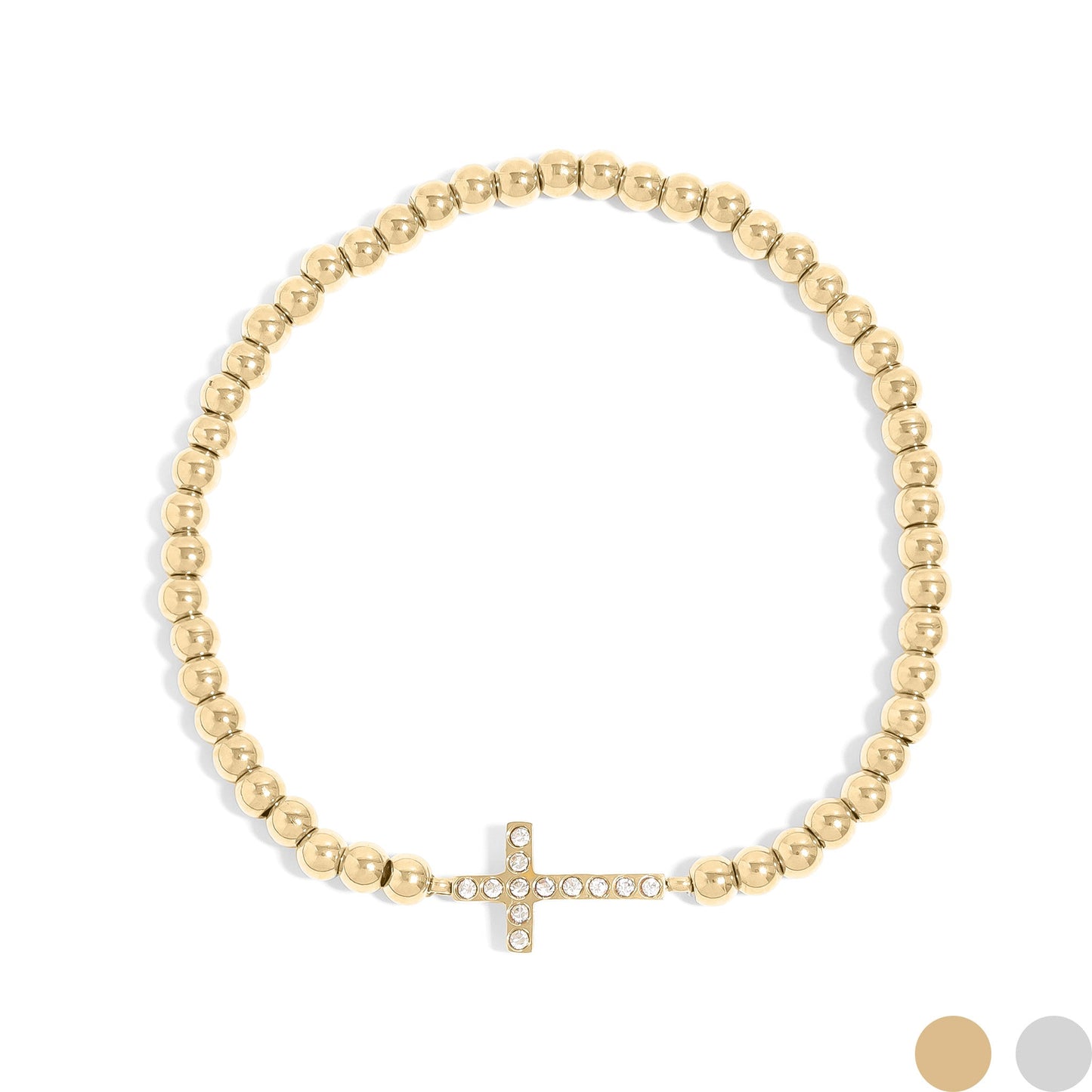 18K Gold PVD Stainless Steel Stone Cross Metal Beaded Stretch Bracelet / BRJ1019