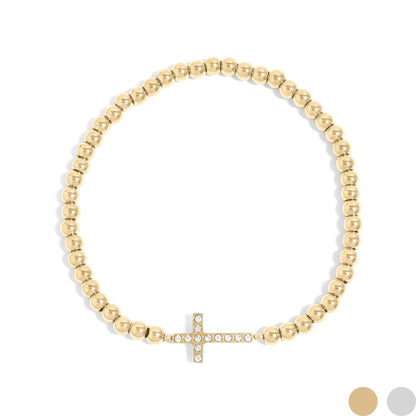 18K Gold PVD Stainless Steel Stone Cross Metal Beaded Stretch Bracelet / BRJ1019