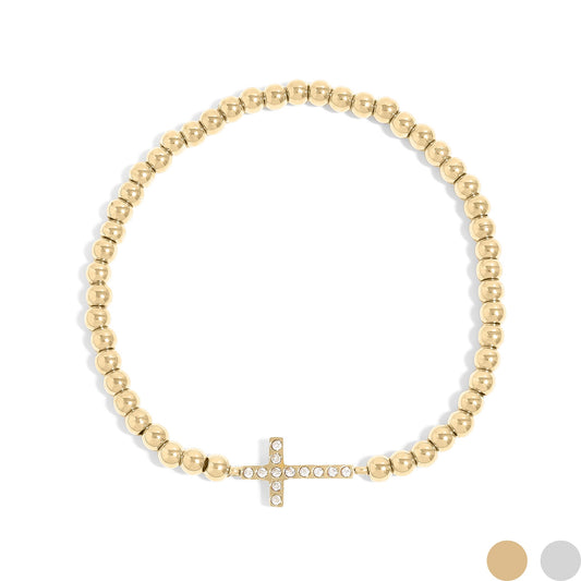 18K Gold PVD Stainless Steel Stone Cross Metal Beaded Stretch Bracelet / BRJ1019