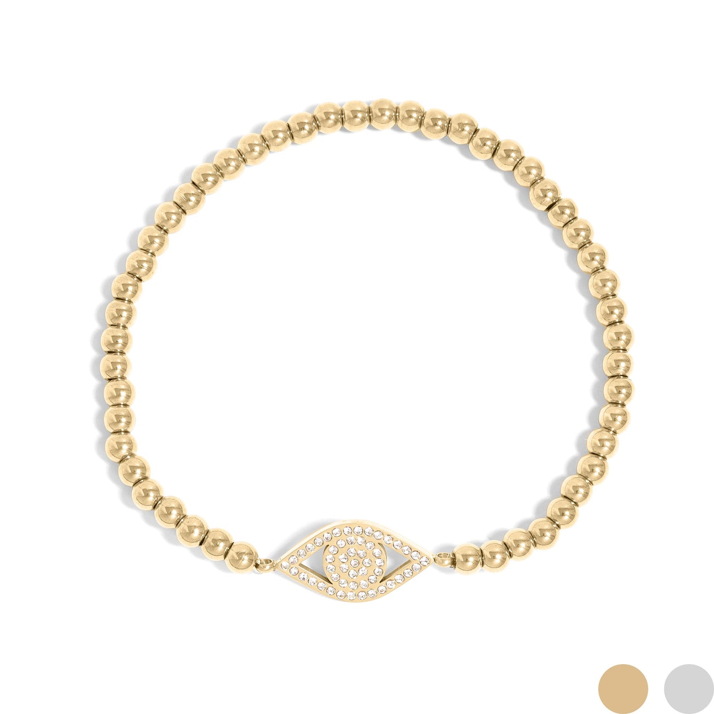 18K Gold PVD Stainless Steel Stone Evil Eye Metal Beaded Stretch Bracelet / BRJ1018