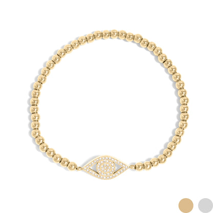 18K Gold PVD Stainless Steel Stone Evil Eye Metal Beaded Stretch Bracelet / BRJ1018