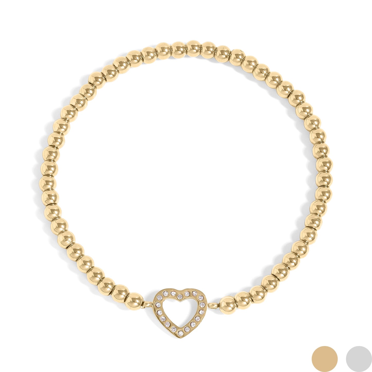 18K Gold PVD Stainless Steel Stone Heart Metal Beaded Stretch Bracelet / BRJ1016