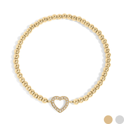 18K Gold PVD Stainless Steel Stone Heart Metal Beaded Stretch Bracelet / BRJ1016
