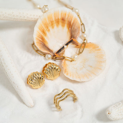 18K Gold PVD Stainless Steel Pearl Station Paperclip Chain Necklace / CHN0082