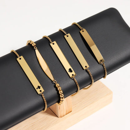 18K Gold PVD Stainless Steel Adjustable Beaded Curved Blank Bar Bracelet / SBB0272