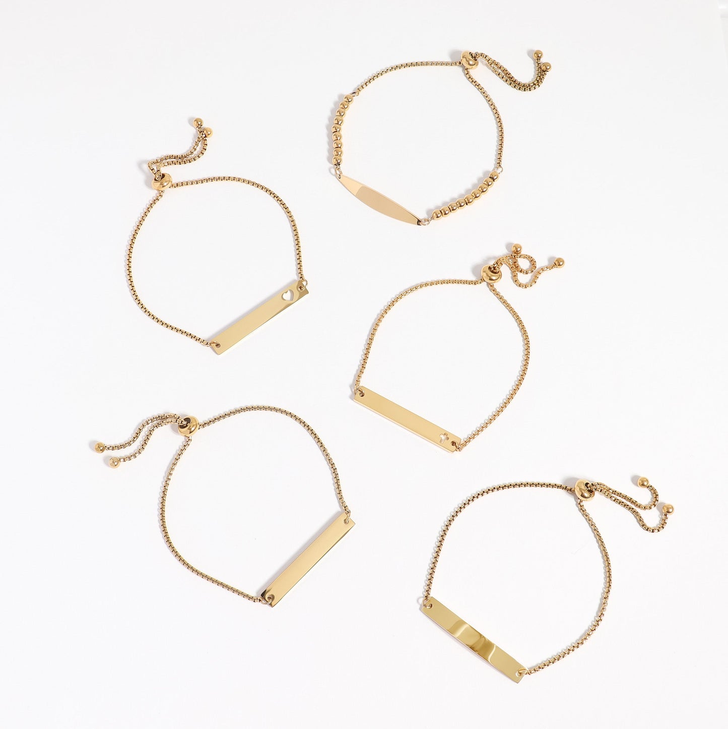 18K Gold PVD Stainless Steel Adjustable Beaded Curved Blank Bar Bracelet / SBB0272