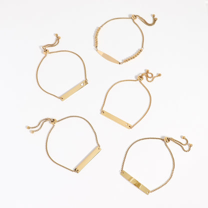 18K Gold PVD Stainless Steel Adjustable Beaded Curved Blank Bar Bracelet / SBB0272