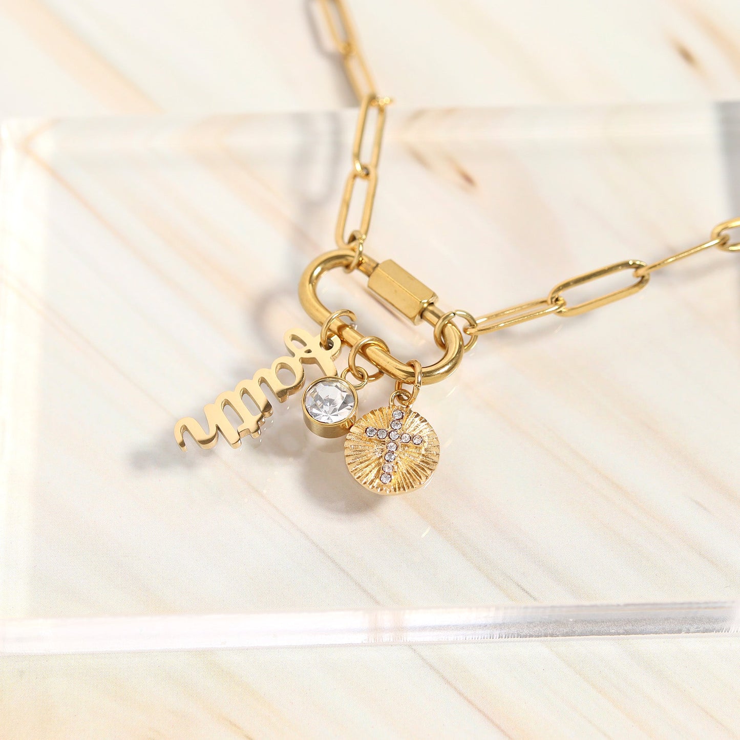 18K Gold PVD Stainless Steel Carabiner Faith Charm Paperclip Necklace / CHN0049