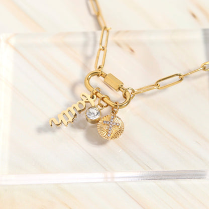 18K Gold PVD Stainless Steel Carabiner Faith Charm Paperclip Necklace / CHN0049