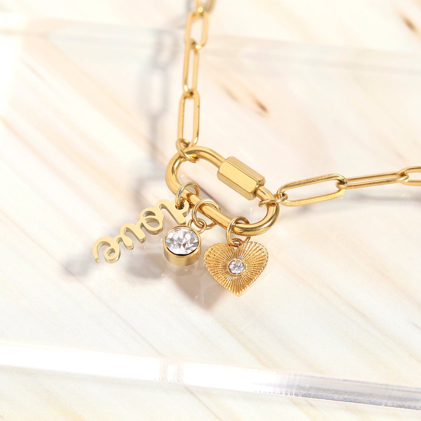 18K Gold PVD Stainless Steel Carabiner Love Charm Paperclip Necklace / CHN0047