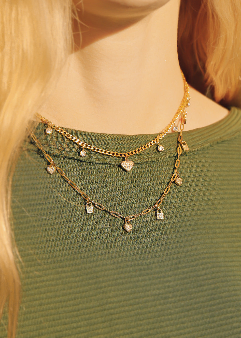 Stainless Steel 2 Row Heart & Lock Charm Necklace / CHN0069