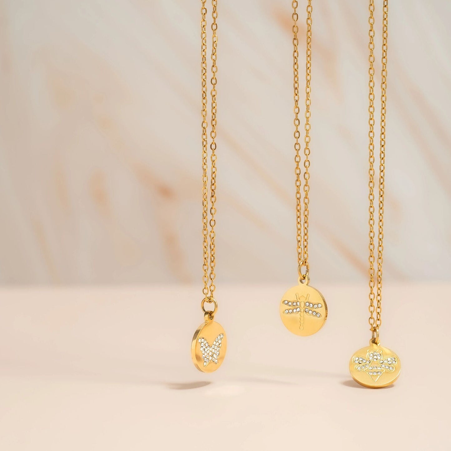 18K Gold PVD Stainless Steel Stone Dragonfly Pendant Necklace / CHN0087