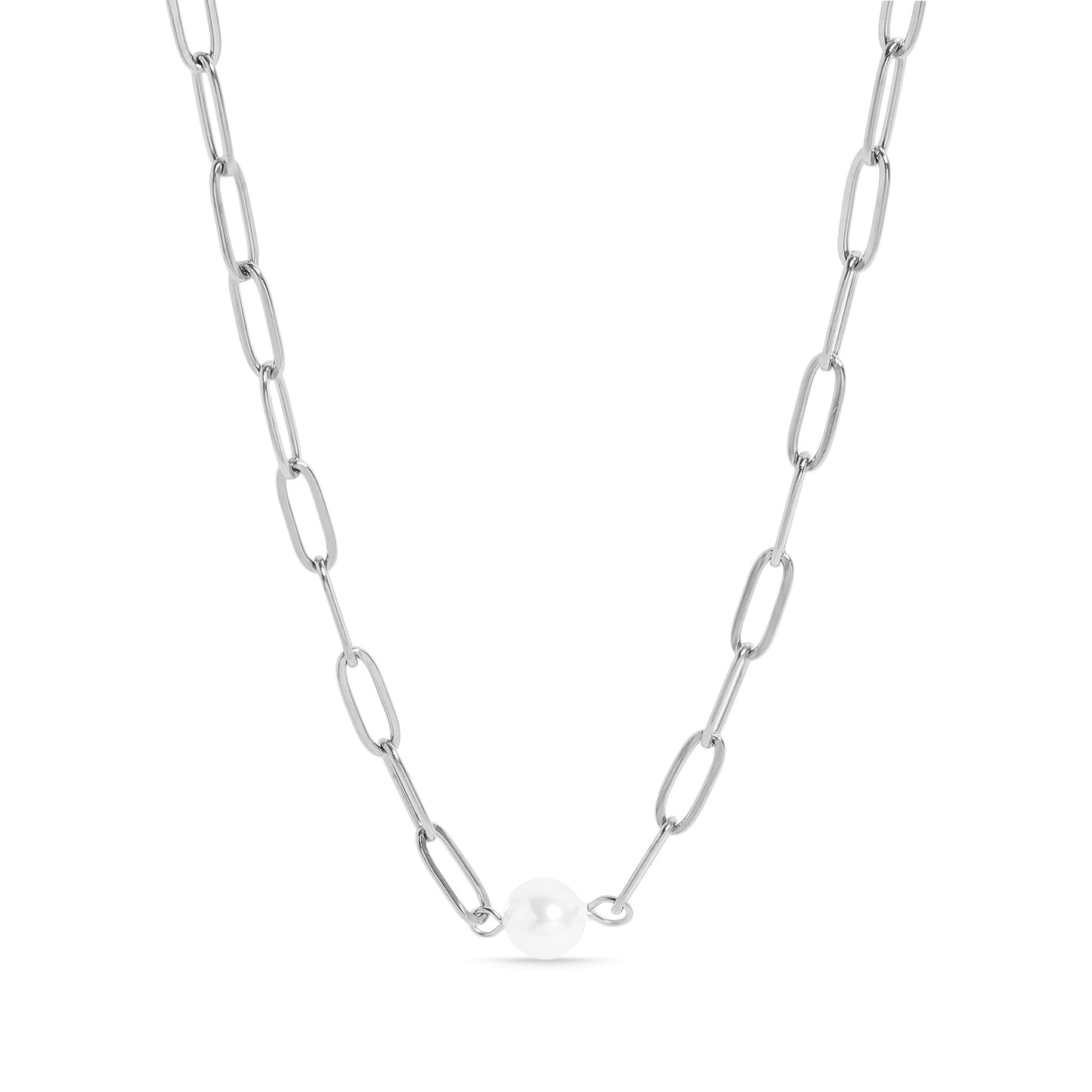 18K Gold PVD Stainless Steel Paperclip Necklace With Pearl / CHN9956