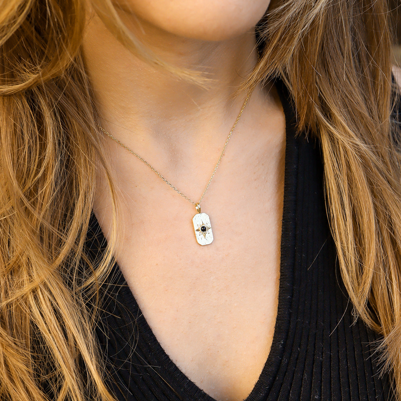 14K Gold Plated Sterling Silver Semi Precious Compass Star Necklace / PMJ0028