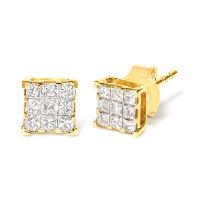 Ohrringe aus 14 Karat Gold mit 1/2 Karat Diamant, 9 Steine, quadratisch.