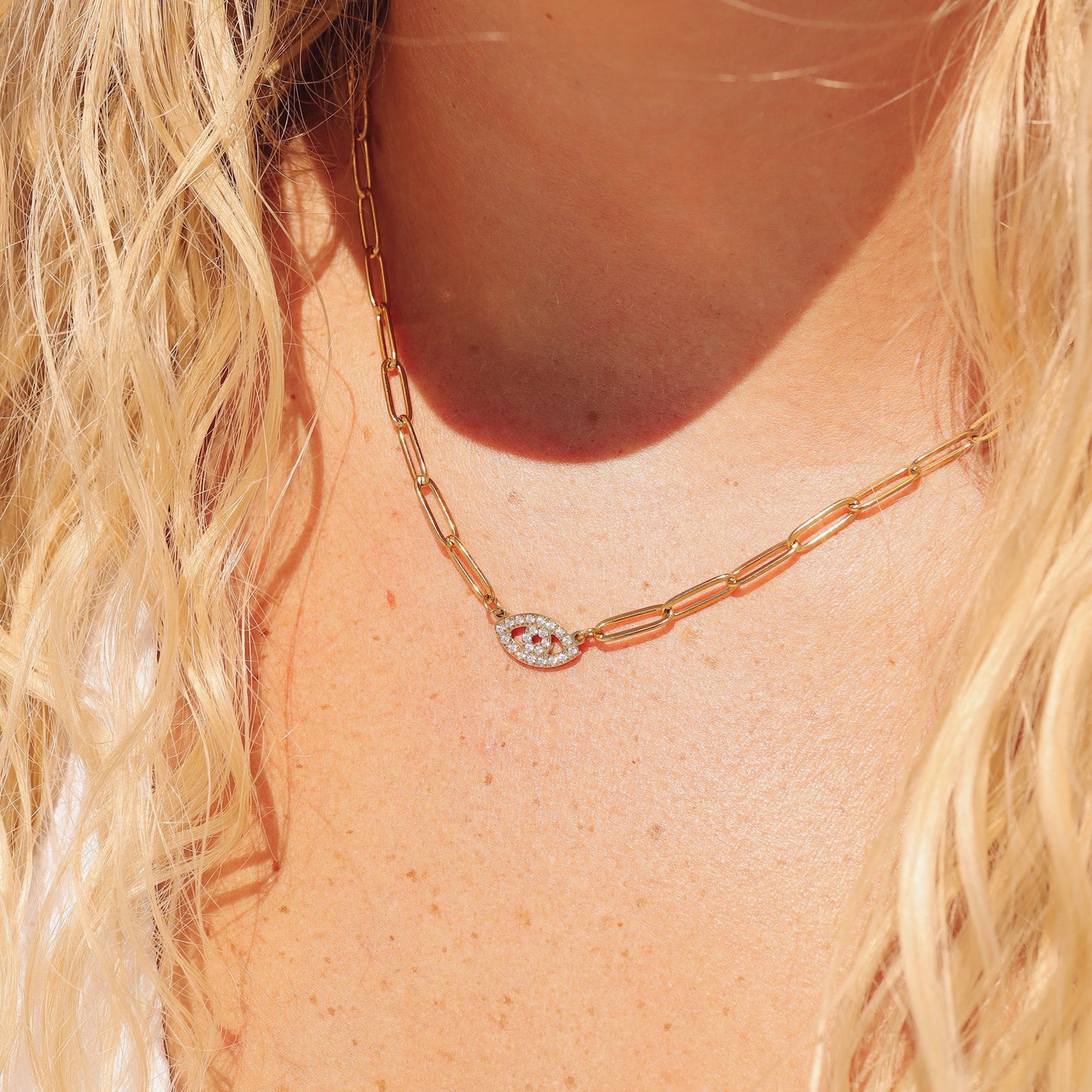 18K Gold PVD Stainless Steel Stone "Evil Eye" Paperclip Chain Necklace / CHN9975